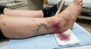 Patient resting on a medical table with prominent, twisted veins and skin discoloration, highlighting the risk of bleeding varicose veins in legs.