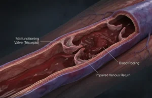 3D cross-section diagram showing blood pooling behind a malfunctioning vein valve, illustrating the cause of bleeding varicose veins in legs.